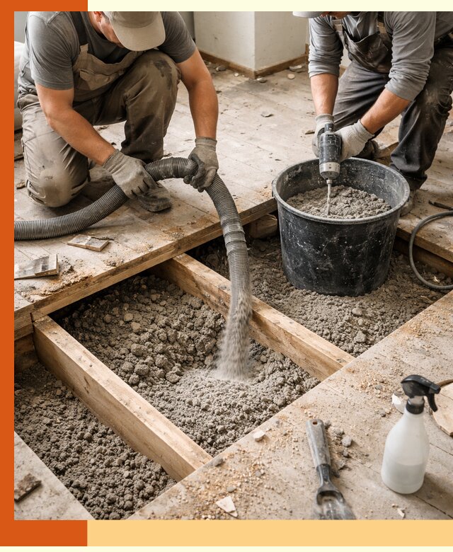 Заполнение пустот пола в ельце полиуретаном и пенополистиролом