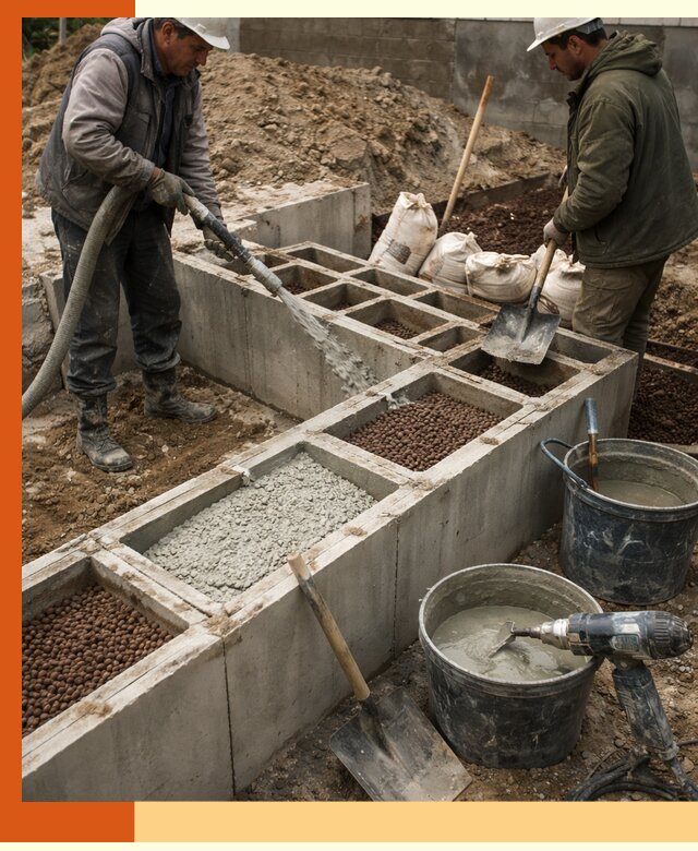 Заполнение полостей фундамента в ельце герметичным утеплением и повышением прочности