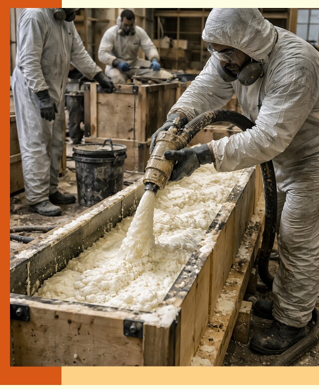 Заливка пенополиуретана в формы для утепления в ельце